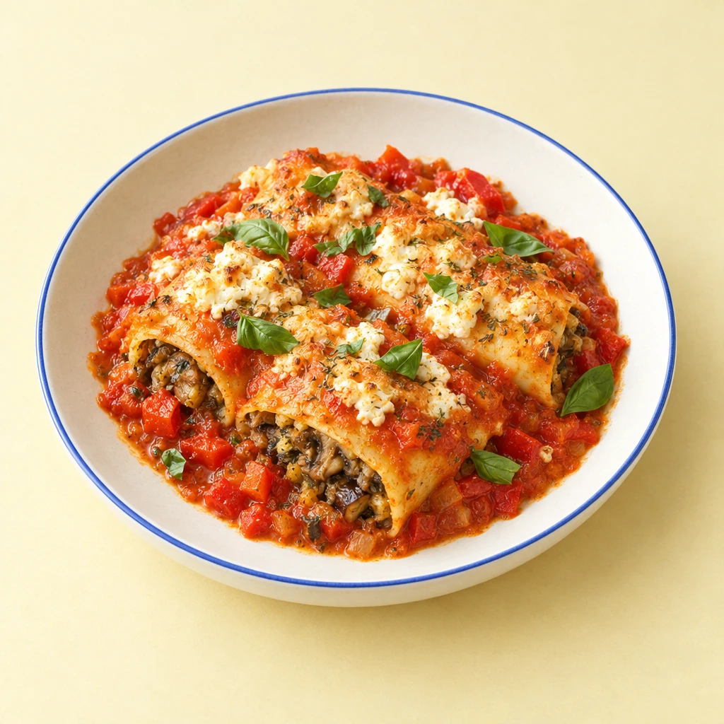 Cannelloni mit Auberginen-Champignon-Füllung in roter Paprikasoße, mit Feta überbacken und Basilikum garniert.