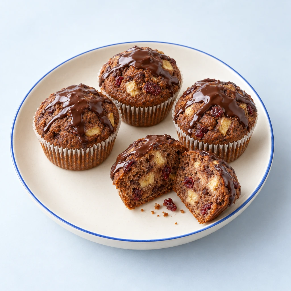 Schoko-Bananen-Muffins mit dunkler Schokoladenglasur, angeschnitten mit sichtbaren Bananen- und Cranberry-Stückchen.