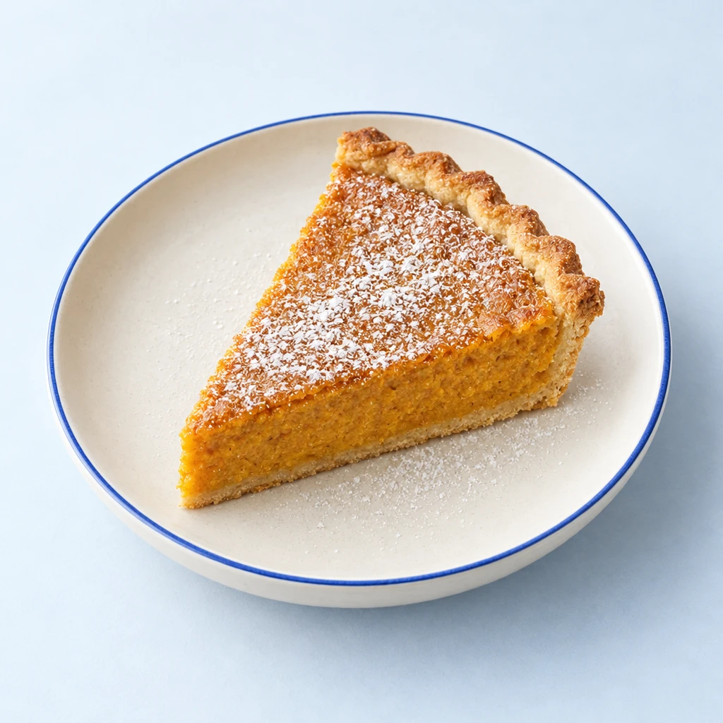 Kürbis-Pie mit goldenem Mürbeteigrand und Puderzucker; ein herausgeschnittenes Stück zeigt die orangefarbene Füllung.