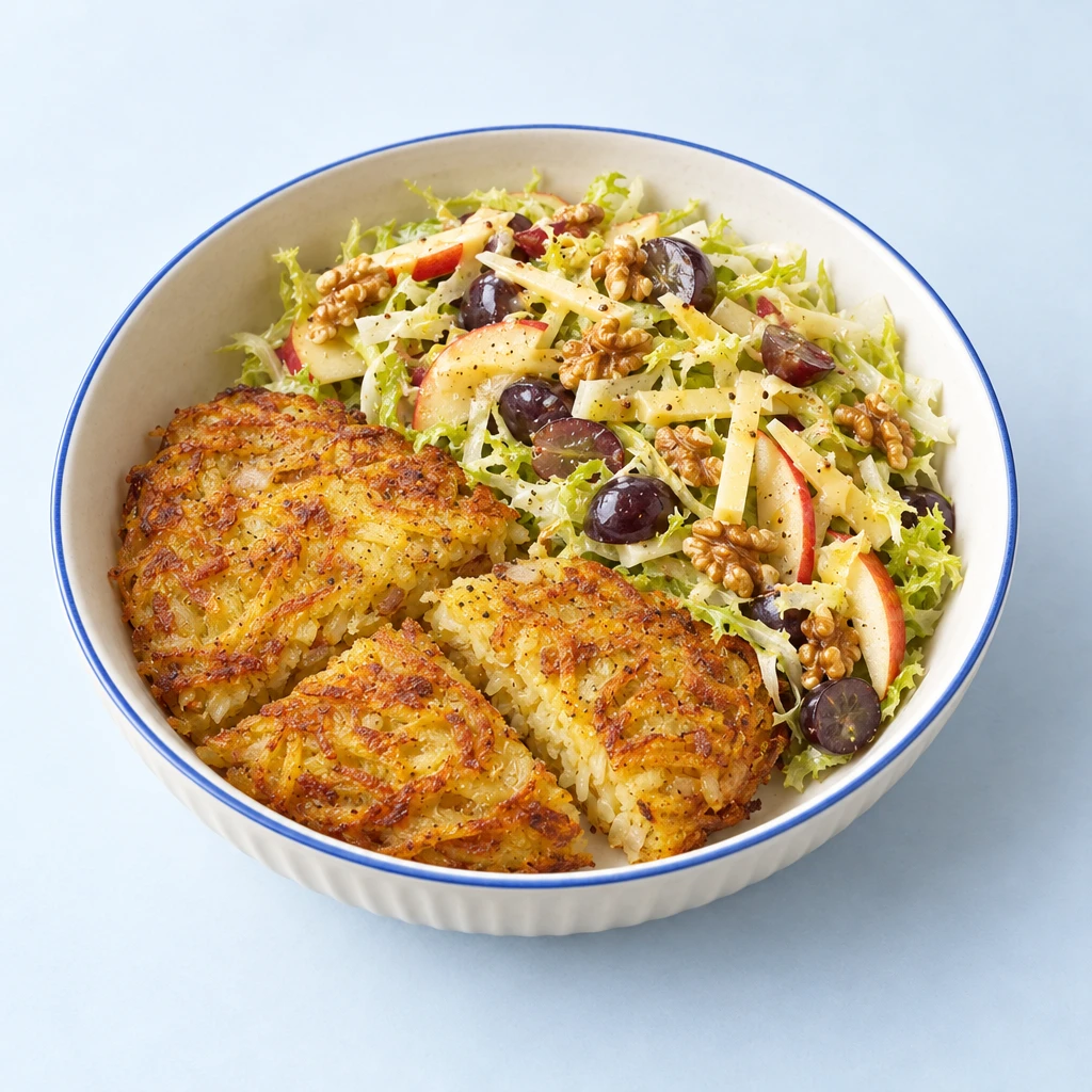Endiviensalat mit dunklen Trauben, roten Apfelscheiben, Käsestreifen und Walnüssen neben goldbraunen Rösti-Stücken.