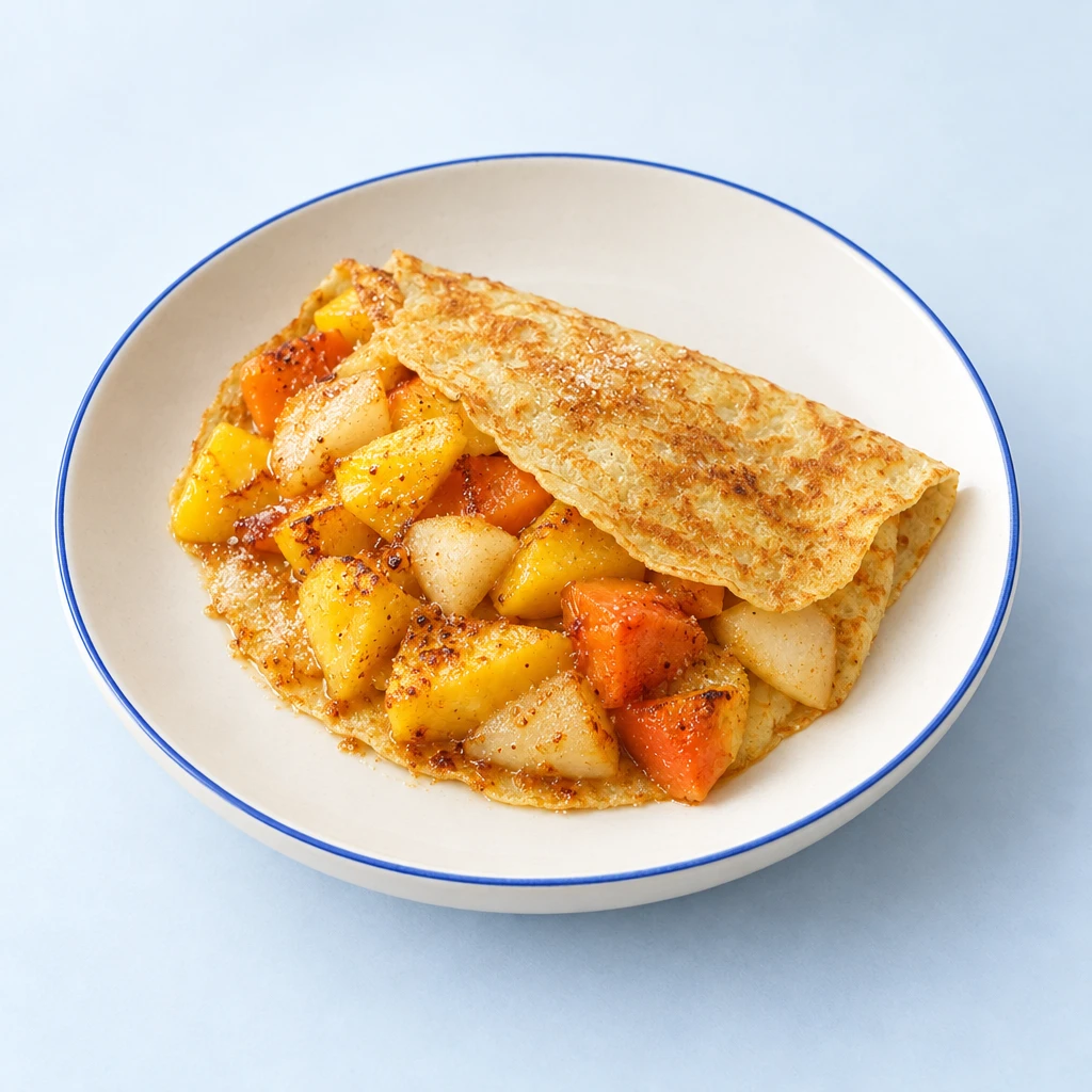 Mini-Crêpes mit karamellisierten, flambierten Stücken von Mango, Ananas, Papaya und Nashibirne auf einem Teller.