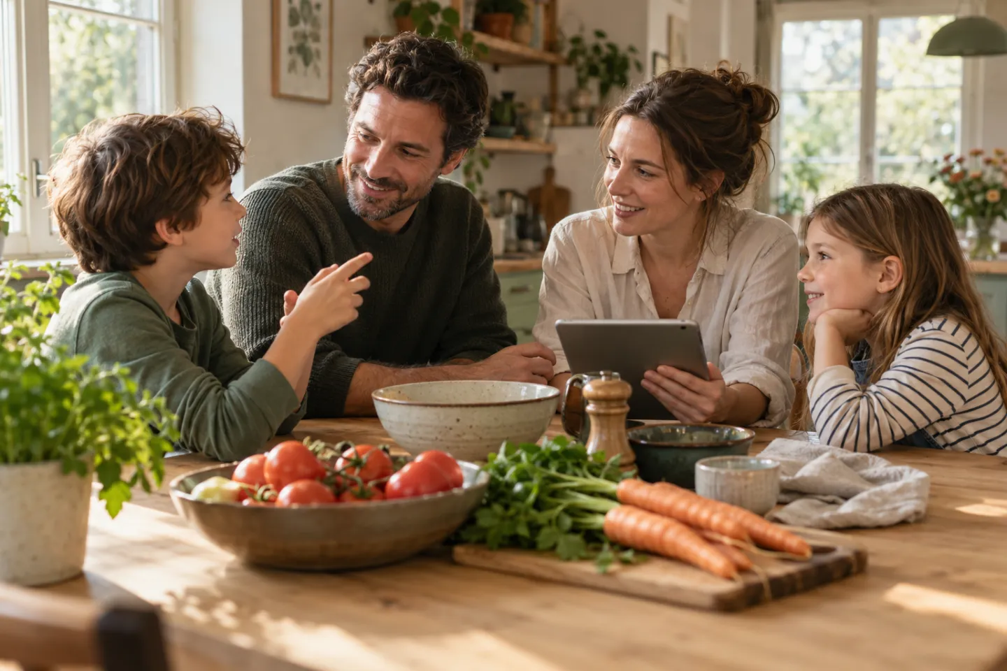 Eine Familie bespricht am Küchentisch gemeinsam ihre Essensideen.